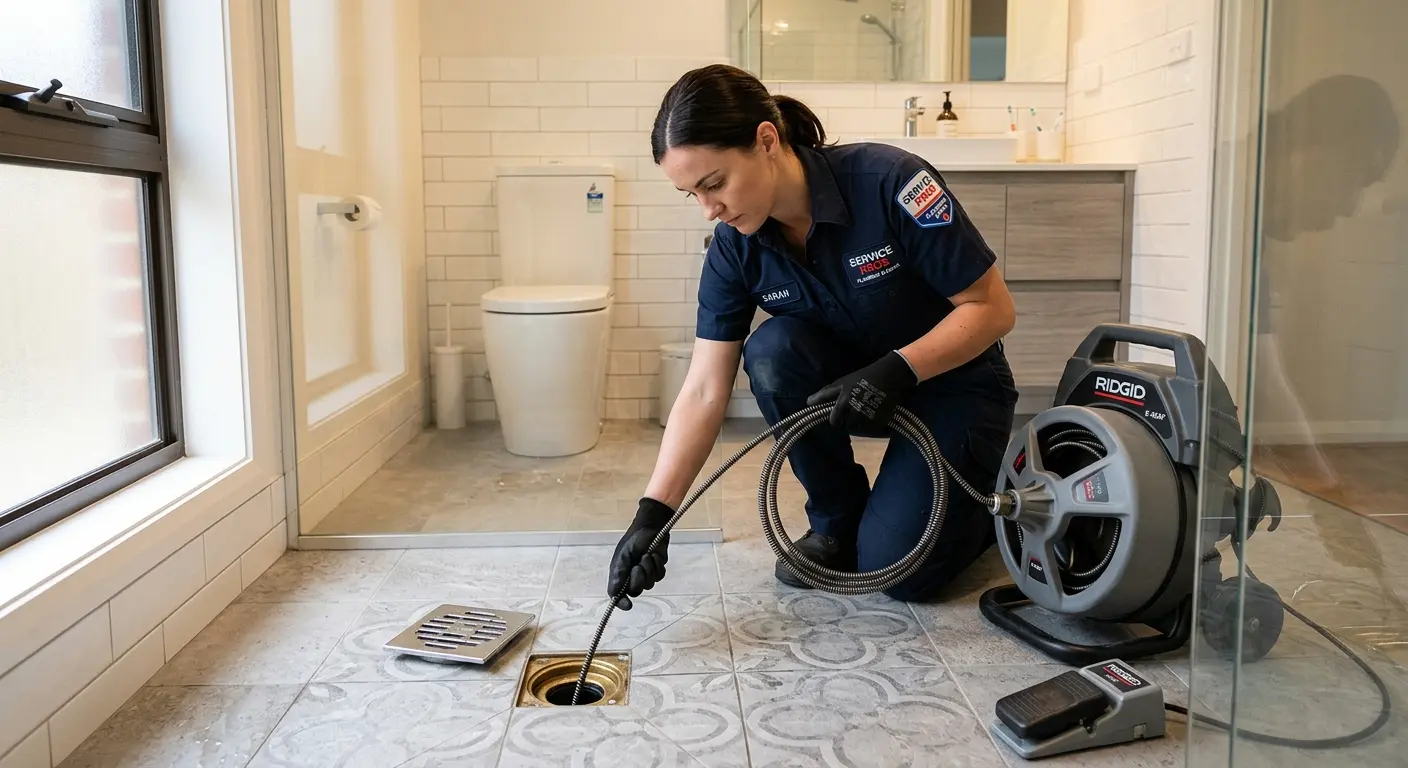 Technician clearing a bathroom floor drain for Hydro Jetting in Enterprise